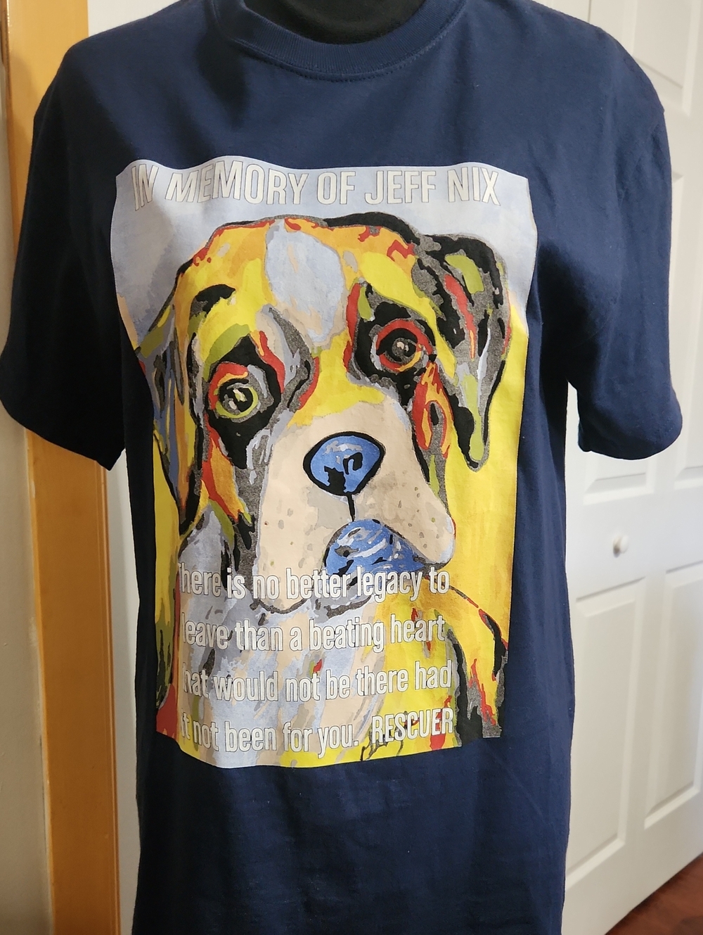 Gildan Navy Short-Sleeve Tee with Colorful Dog Rescuer Tribute Graphic